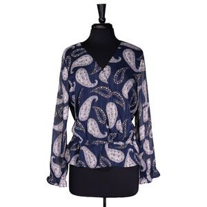 Ann Taylor LOFT Women's Blouse Blue Paisley V-Neck Elastic Waist Shirt Top S NWT